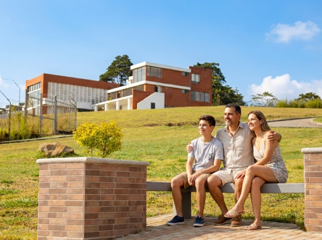 Familia unida y tranquila en el jardín disfrutando del ambiente de paz del Cementerio familiar El Alto.
